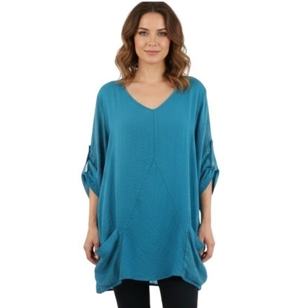Soft Surroundings Tunic Shirt Womens Petite XL Blue V Neck Lightweight USA Flowy